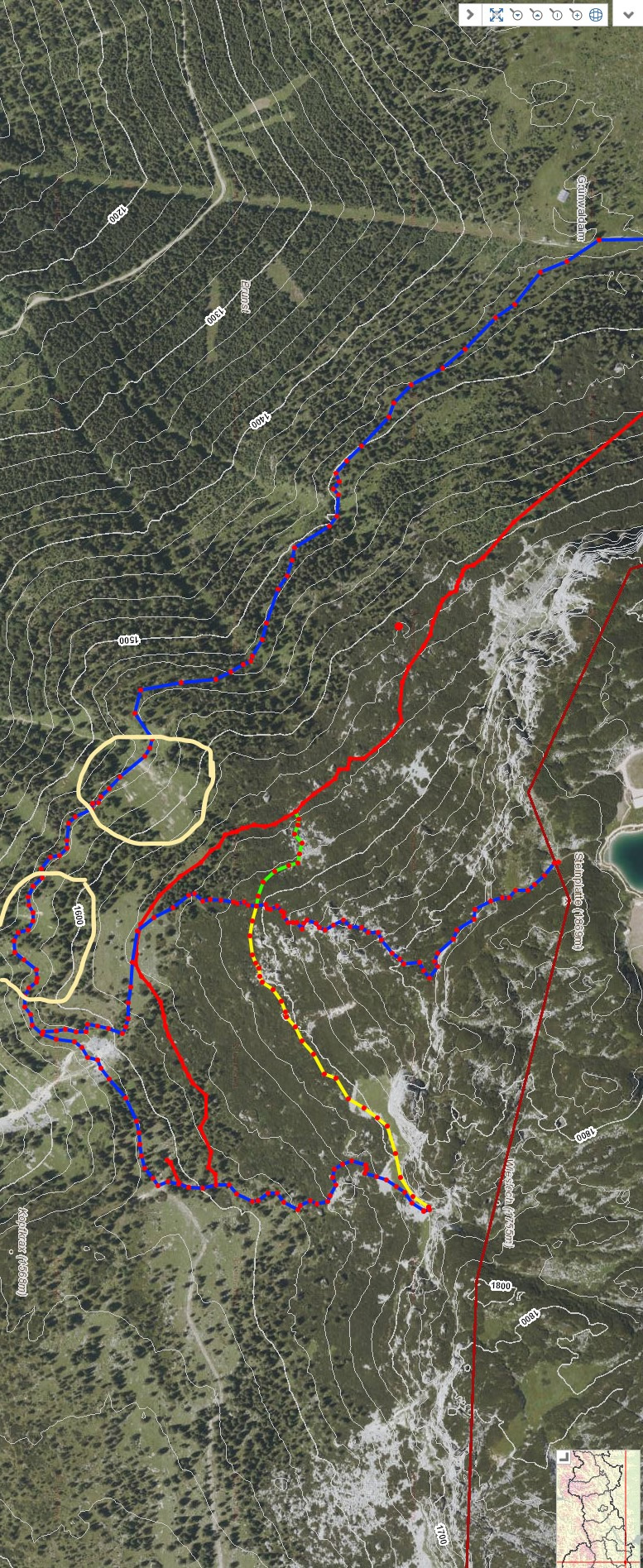 Derzeit vorhandene Wegsituation Grünwaldalm zum Klettergebiet Wemeteigenalm 